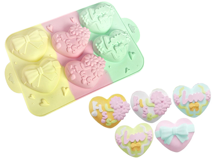 Molde silicona tricolor 6 corazones decorados